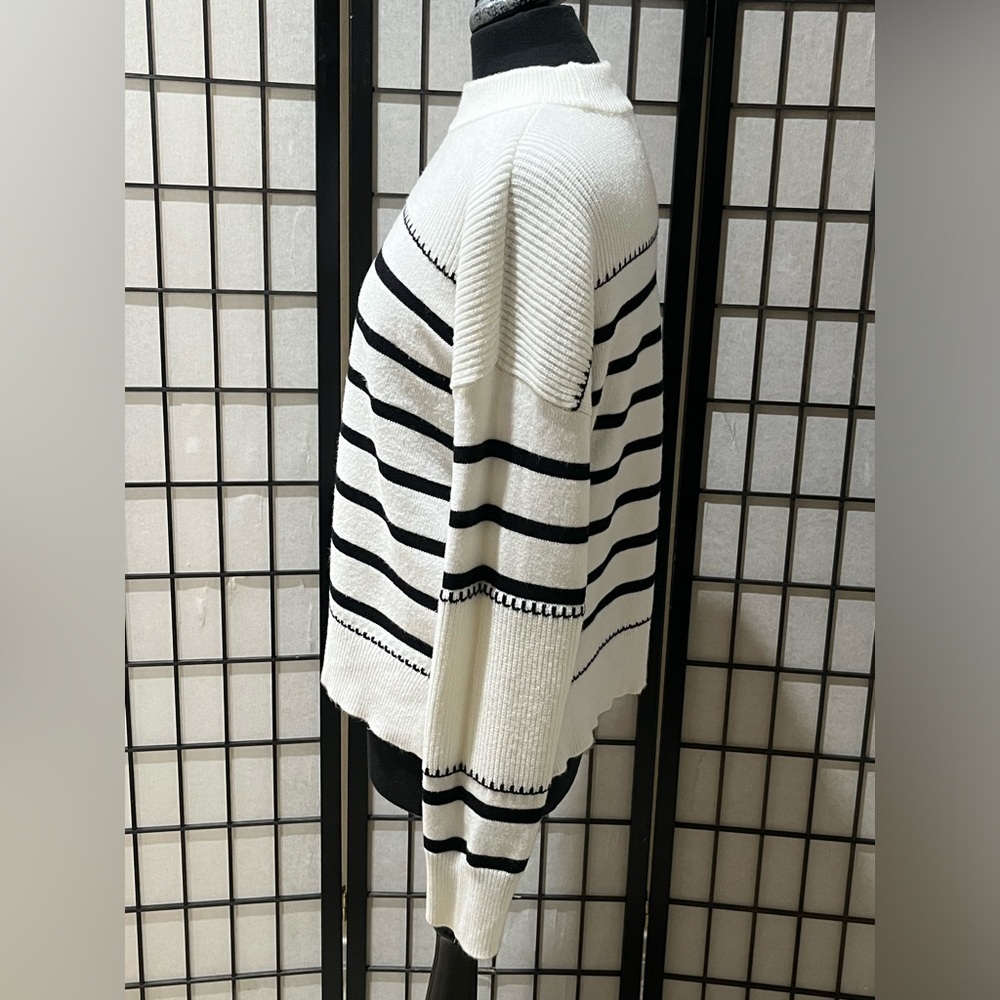 Greige Ribbed Knit Sweater Black - White Stripe, Coastal, WOMEN SIZE L - Picture 8 of 13